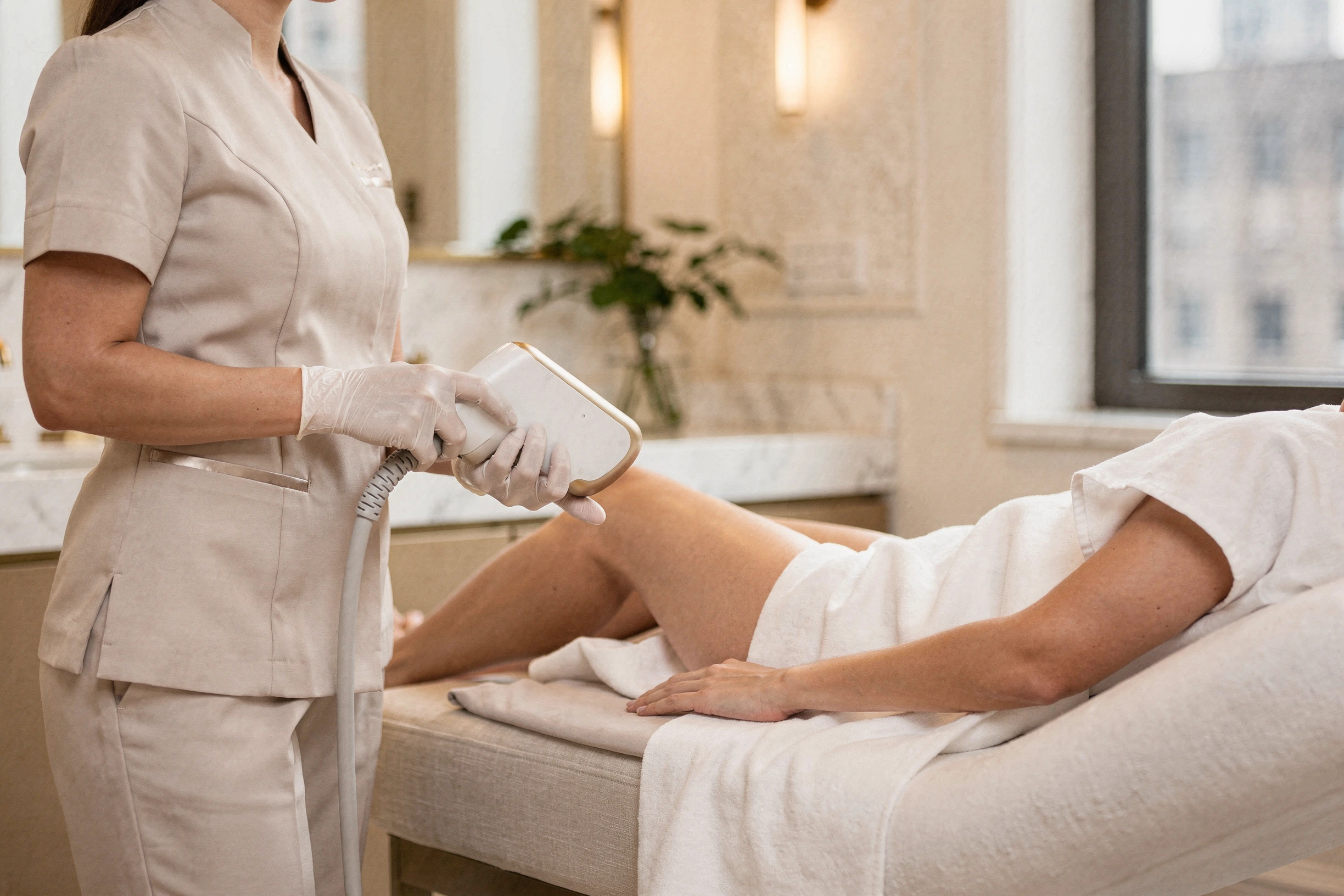 Aesthetician performing laser hair removal on a patient's leg at Natural Beauty Fifth Avenue